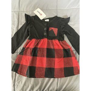 PatPat Baby Girls Black Long Sleeve Christmas Red Plaid Dress Size 9-12mo